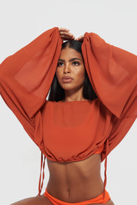Orange puff balloon sleeve cropped top with side ties for a cinched waist, a summer staple for petite to XXL 